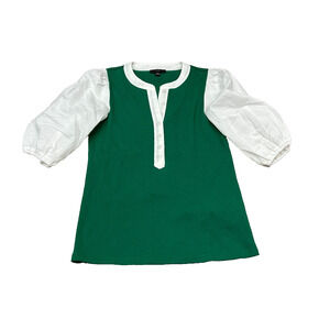 J. Crew Womens Green White Ribbed Puff Sleeve Button Henley Blouse Top Size S